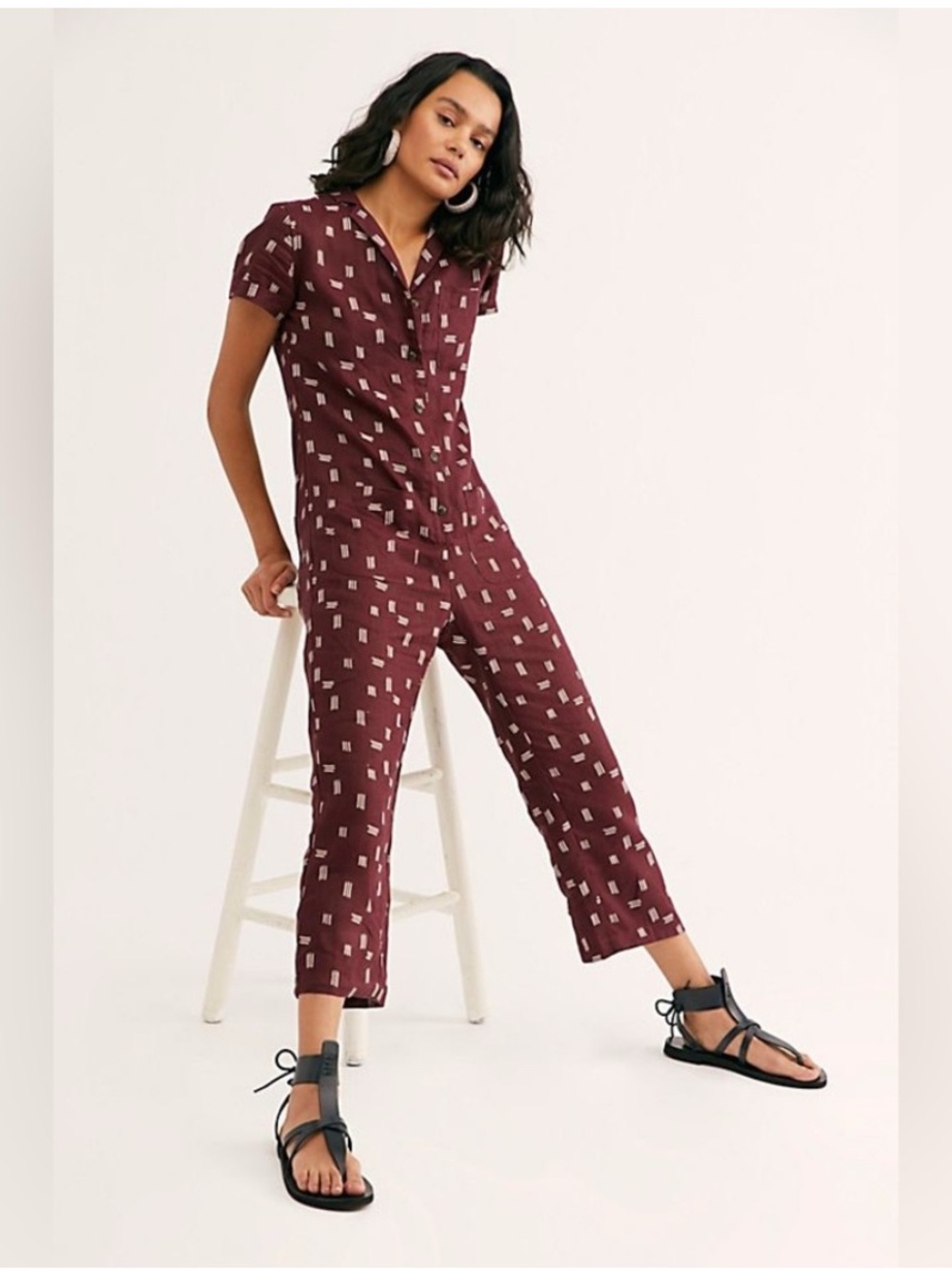 Free People Burgundy Printed Short-Sleeve Jumpsuit